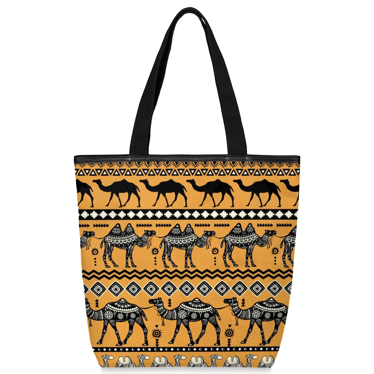 Mularoka Vintage Camel Hand Painting Canvas Tote Bag with Zipper and Pockets Canvas Tote Shopping Bag Women Reusable Grocery Bag for Beach Travel Gym Shopping