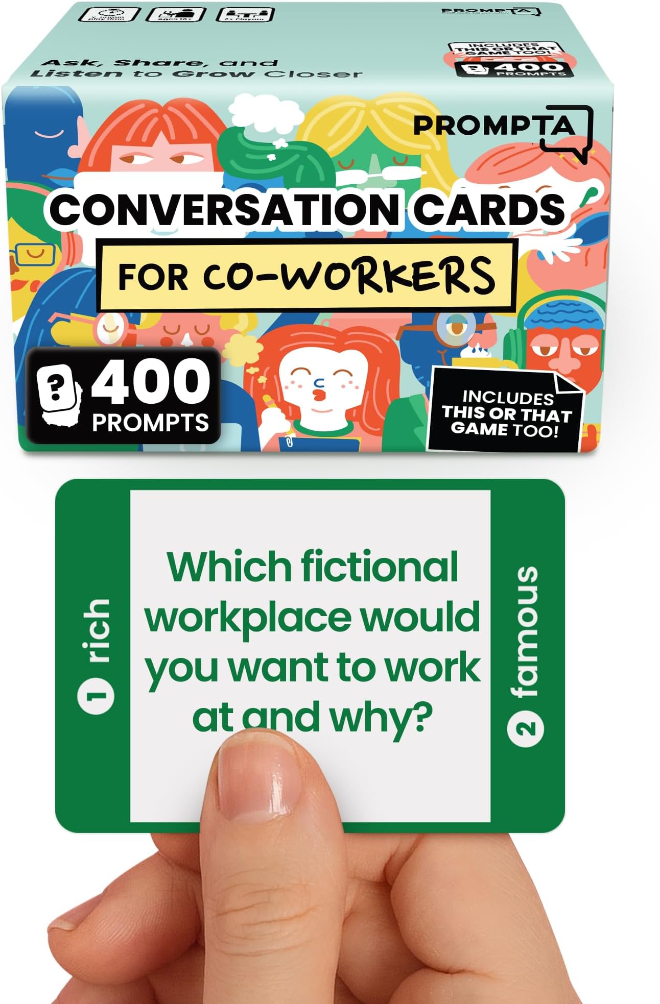 400 Conversation Cards for Coworkers – Fun Icebreaker Teambuilding 2-in-1 Game for Work – 2.5" x 1.75" Question Cards to Get to Know Your Colleagues and Improve Team Dynamics