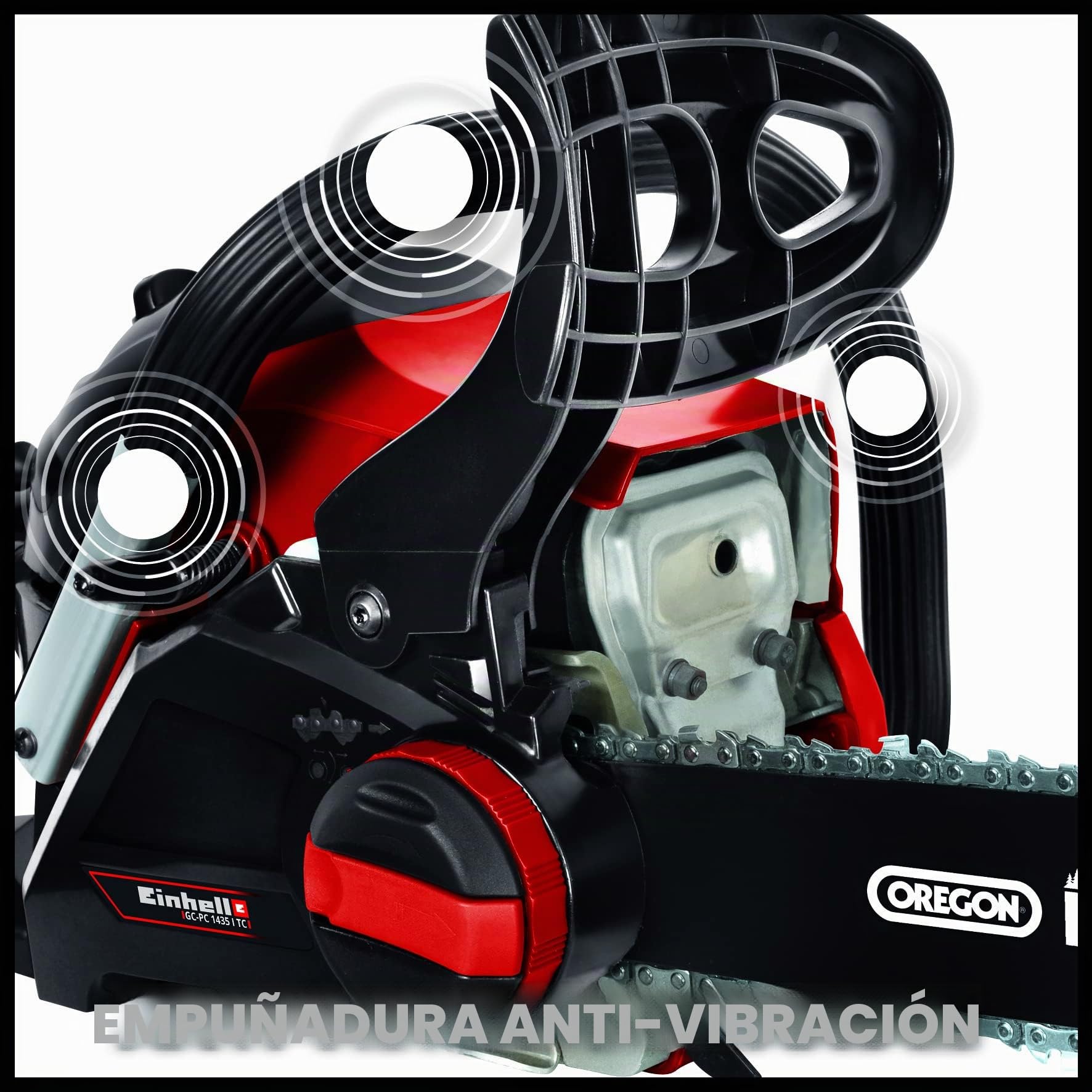 Einhell Motosierra a gasolina, Motor de 2 tiempos, refrigerado por aire, potencia 1.4 kW, gasolina 260 L, aceite 210 ml, espada 350 mm, 11000 RPM, Incluye funda de transporte, Color Rojo Y Negro