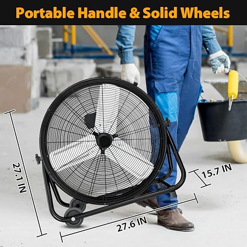 Miniatura 8 de LifePlus Ventilador de tambor industrial de alta velocidad, ventilador de piso de 3 velocidades de 24 pulgadas con dirección de 360, protección