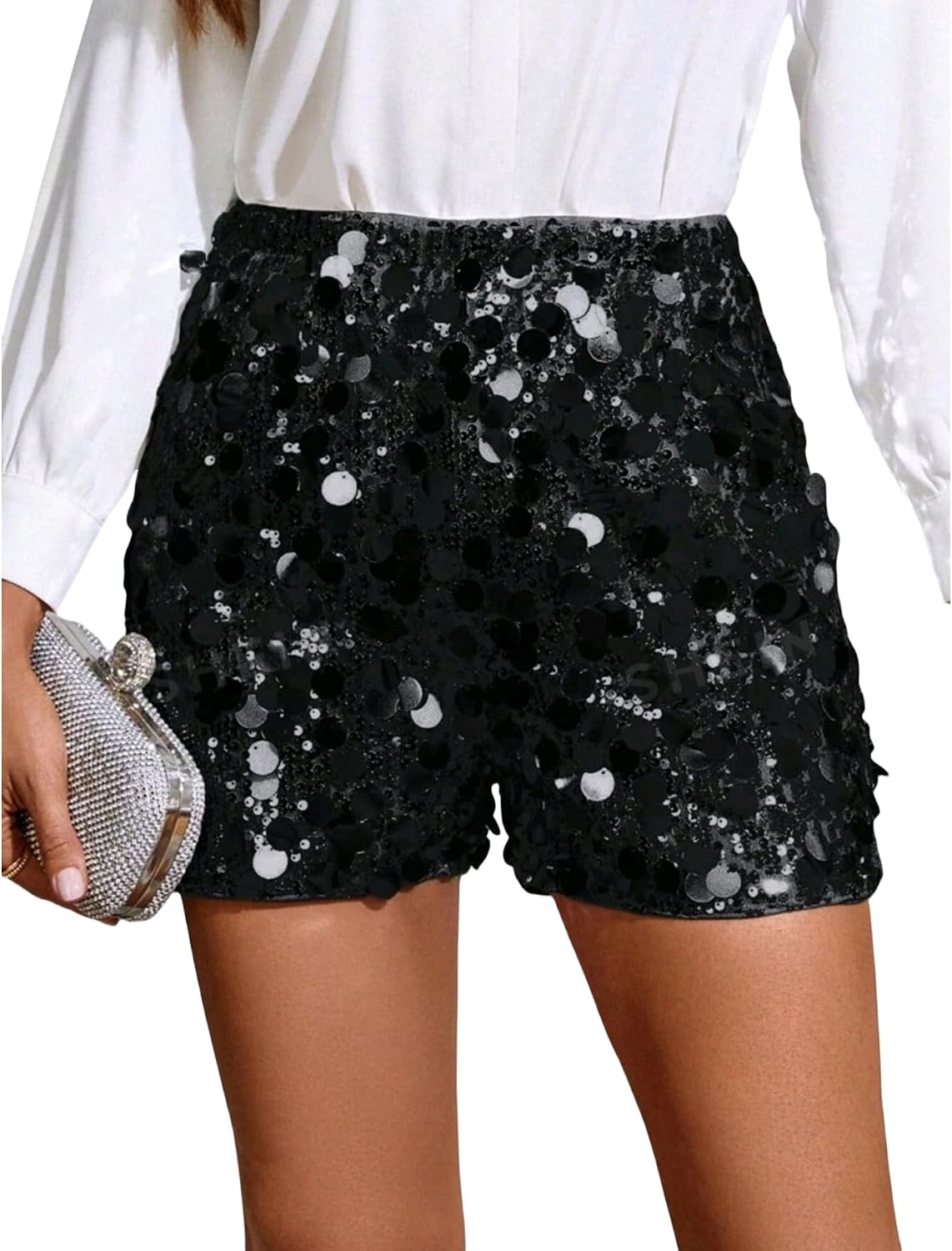 AMPOSSTO Women Girls Sparkly Sequin Mini Shorts Shiny Elastic High Waisted Party Festival Shorts Rave Outfits