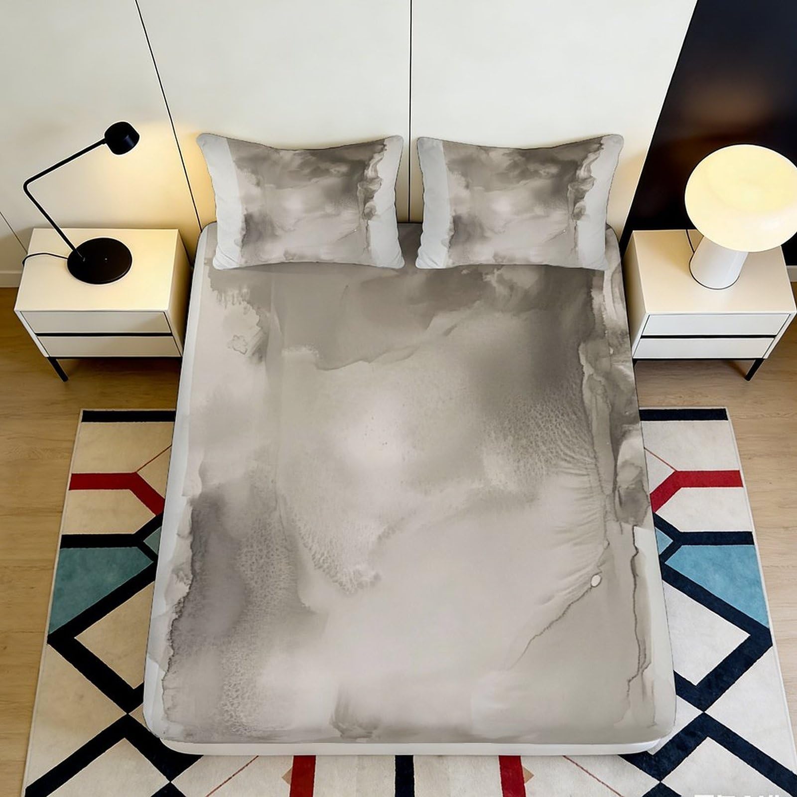 3D Printed Grey Watercolor Fitted Sheet Microfiber Soft Breathable Abstract Ink Mattress Cover for Bedroom Dormitory Guest Room Protection 120x200x25cm