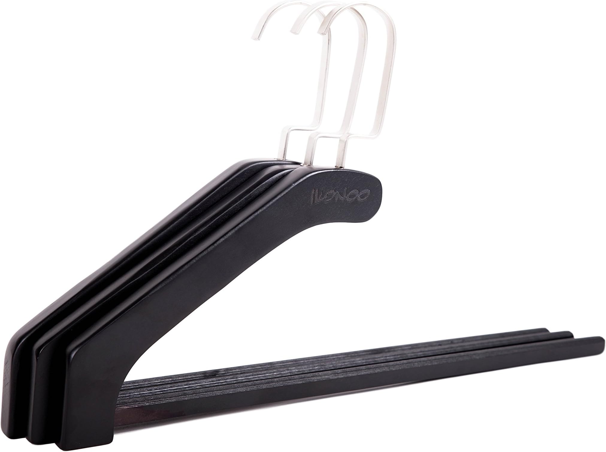 Black beech wood open ended pant hangers - 14.5" x 6" x 0.6" - 3 Pack - Eco friendly easy slide sure-grip space saving organizer for trouser jean scarf slack towel tie belt cover up garment clothes