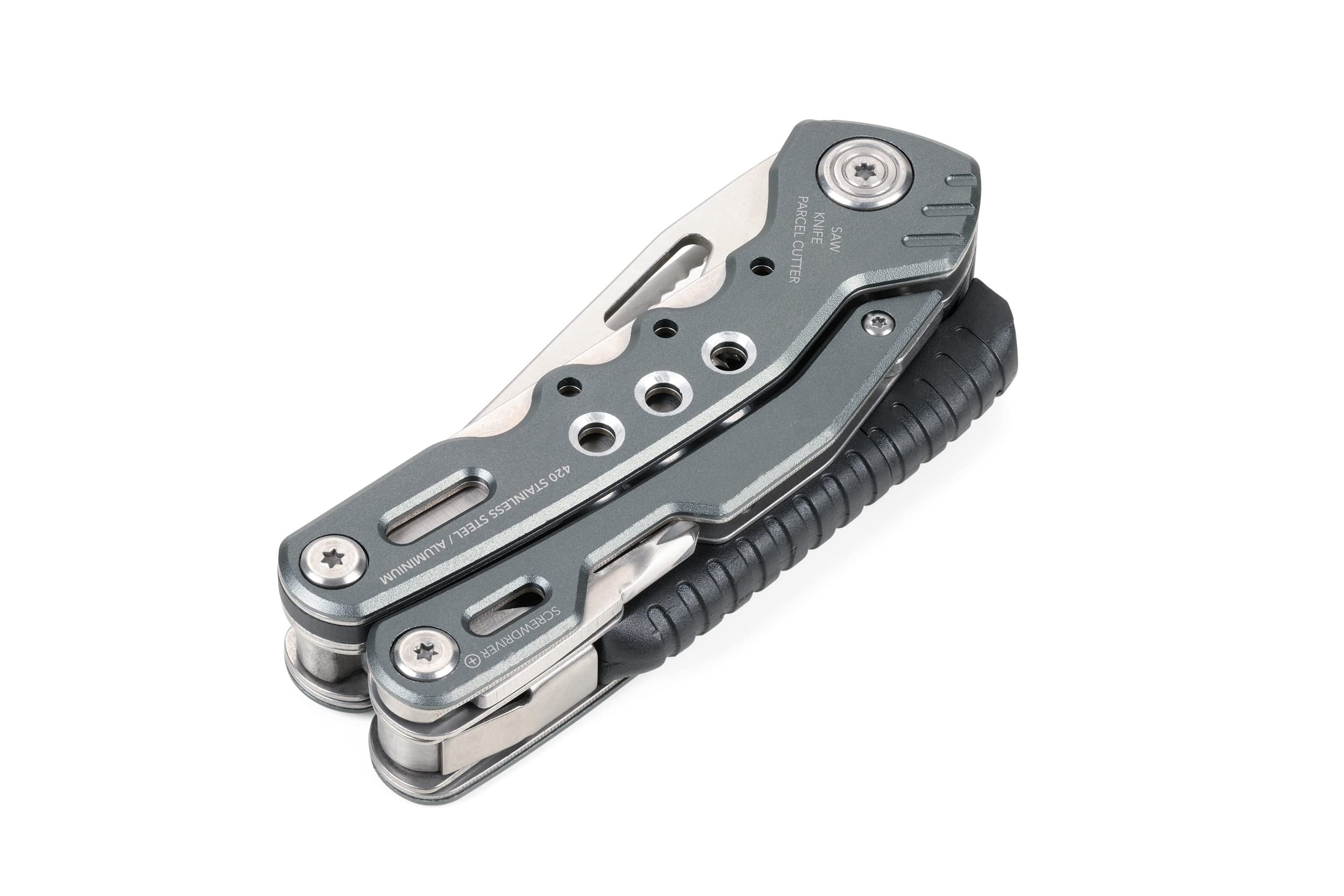 Troika Fire Tool 14 Outil multifonction avec 14 fonctions pour les voyages en plein air et survie – Ressort intégré et fonction de verrouillage – Acier inoxydable 420 – Aluminium – Anodisé – Gris