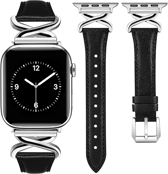 JR.DM Leather Bands Women Compatible with Apple Watch 40mm 38mm 44mm 45mm 41mm 42mm 46mm 49mm Dressy Slim Fancy Strap with X-Shaped Metal Crown for iWatch Series Ultra/SE/11/10/9/8/7/6/5/4/3/2/1 Black