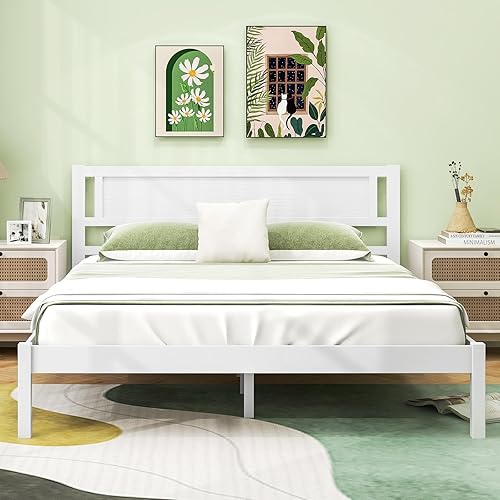 Giantex Wood Queen Platform Bed Frame with Headboard, Mid Century Modern Bed Frame with Wooden Slats Support, No Box Spring Needed, Easy Assembly, Bed Frame Queen Size with Storage, White