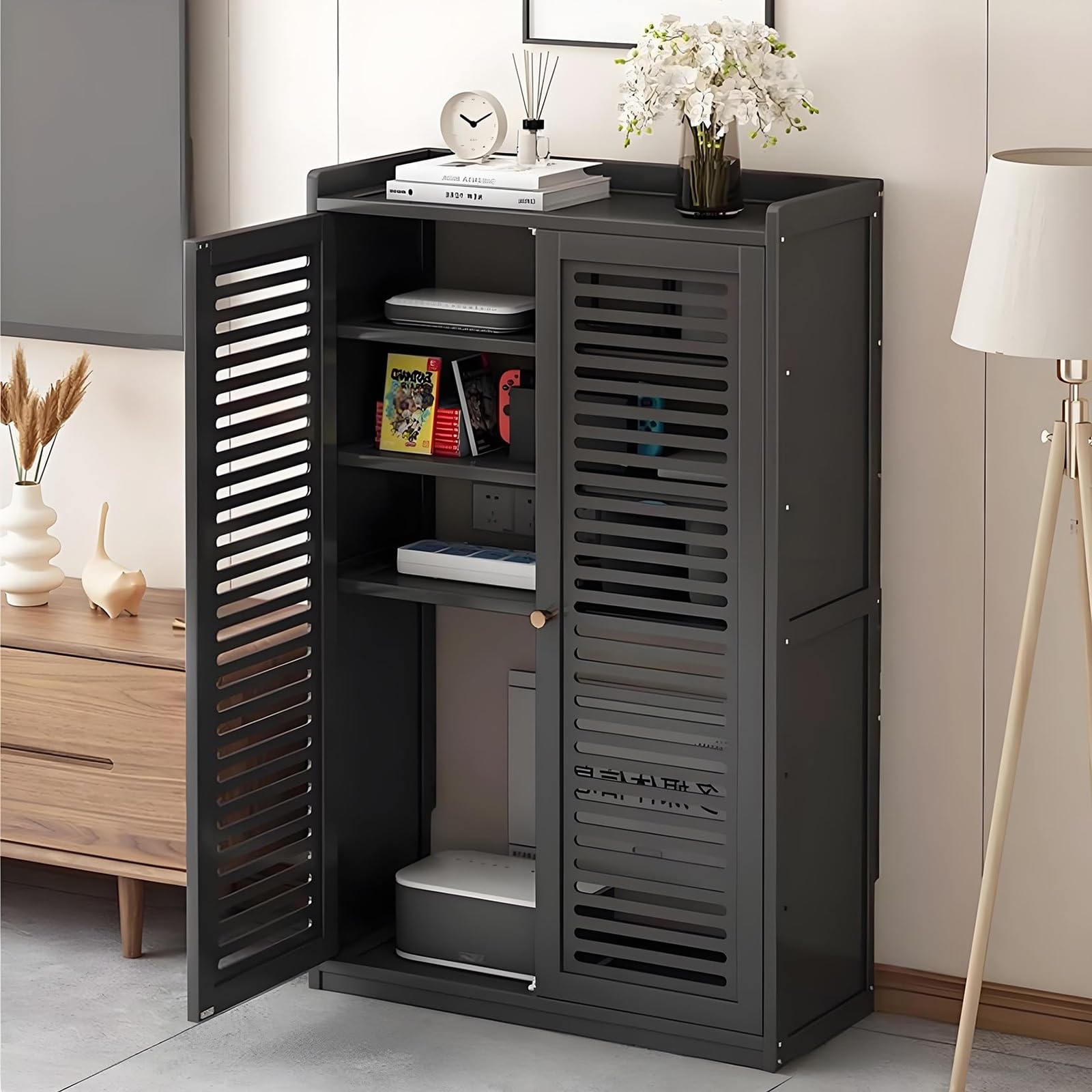 Mueble organizador multimedia de bambú para dormitorios sin desorden