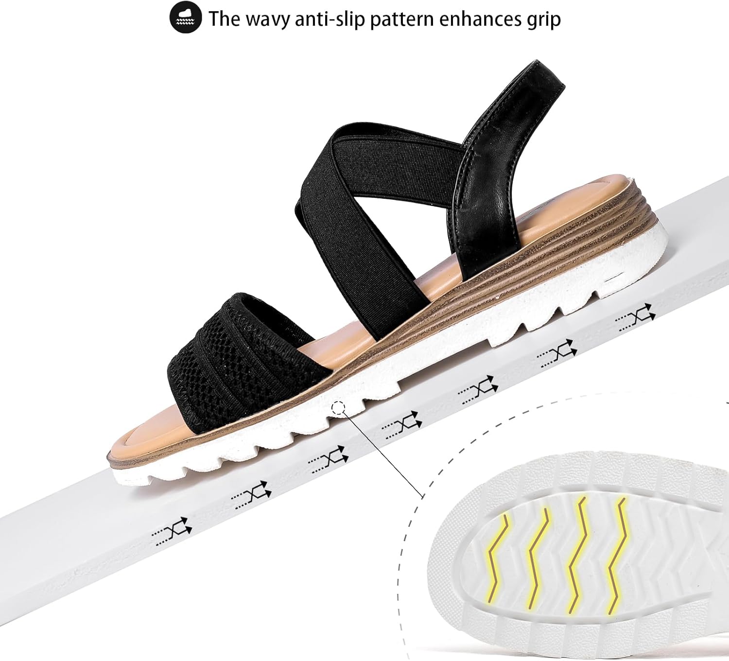 Saidoteto Women's Wide Width Flat Sandals,Comfortable Elastic Ankle Strap Slingback Slip-On Open Toe Low Wedge Walking Sandals for Summer & Casual.Size 6 Black WSD240809-04 - Image 6