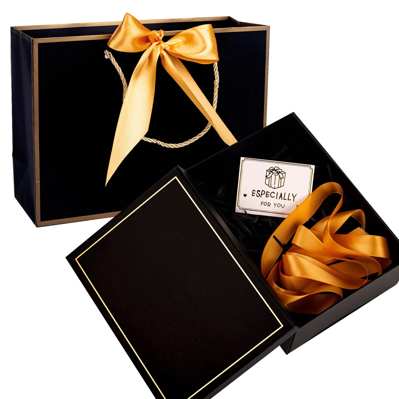 Large Gift Box for Presents, Black Gift Boxes with Lids, Luxury Gifts Box Set Include Gold Edge Ribbon, Gifts Bag, Greeting Card, Tissue Paper and Raffia Filler, Foldable Present Boxes for Men Women