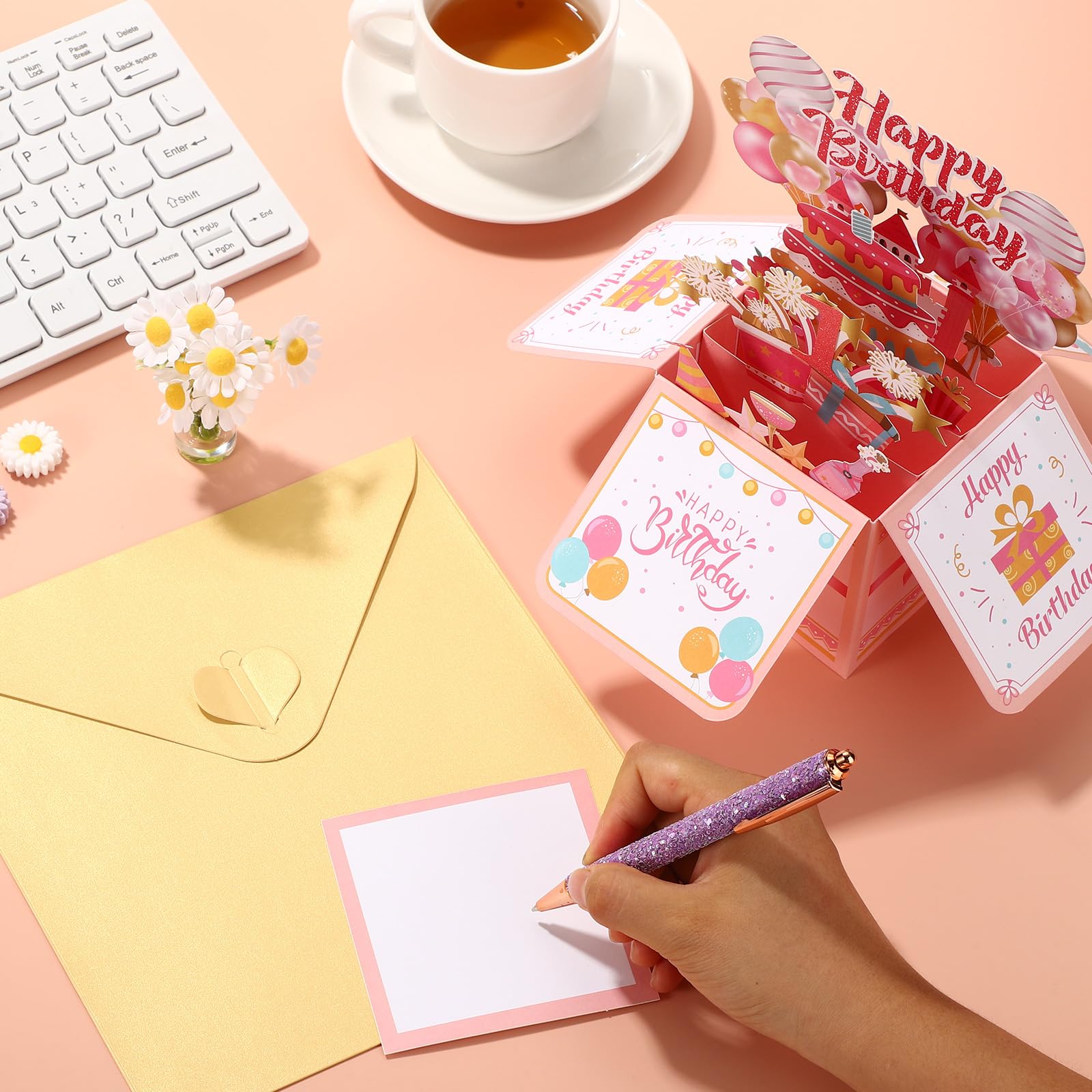 Carte Pop-up D'anniversaire 3D Pour Fille - Rose Avec Ballons Et Feux D'artifice - Inclut Enveloppe Et Carte De Vœux - Message 'Fille'