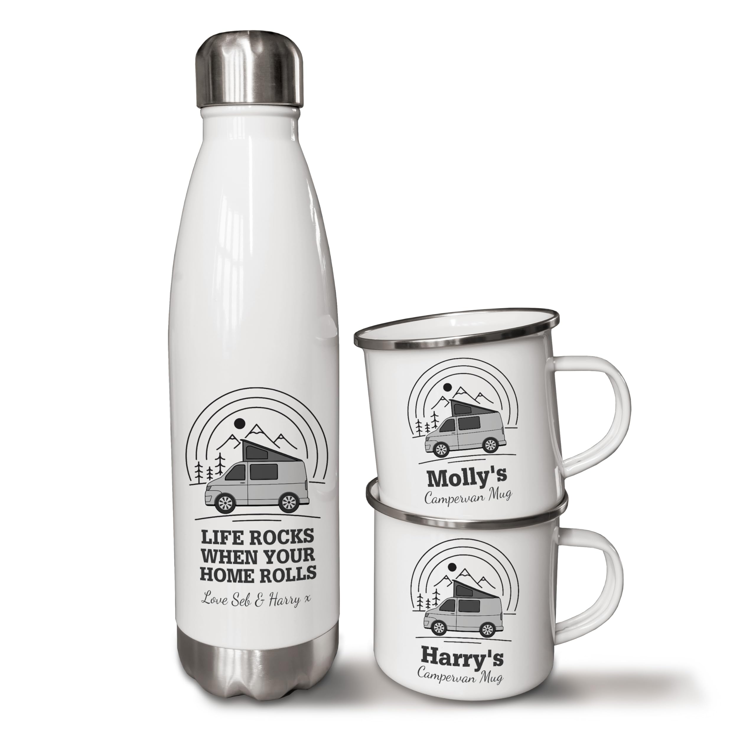 Personalised 500ml Thermal Flask and Enamel Mugs. Campervan PopTop Mug and Flask Set. Outdoor Adventure Gifts