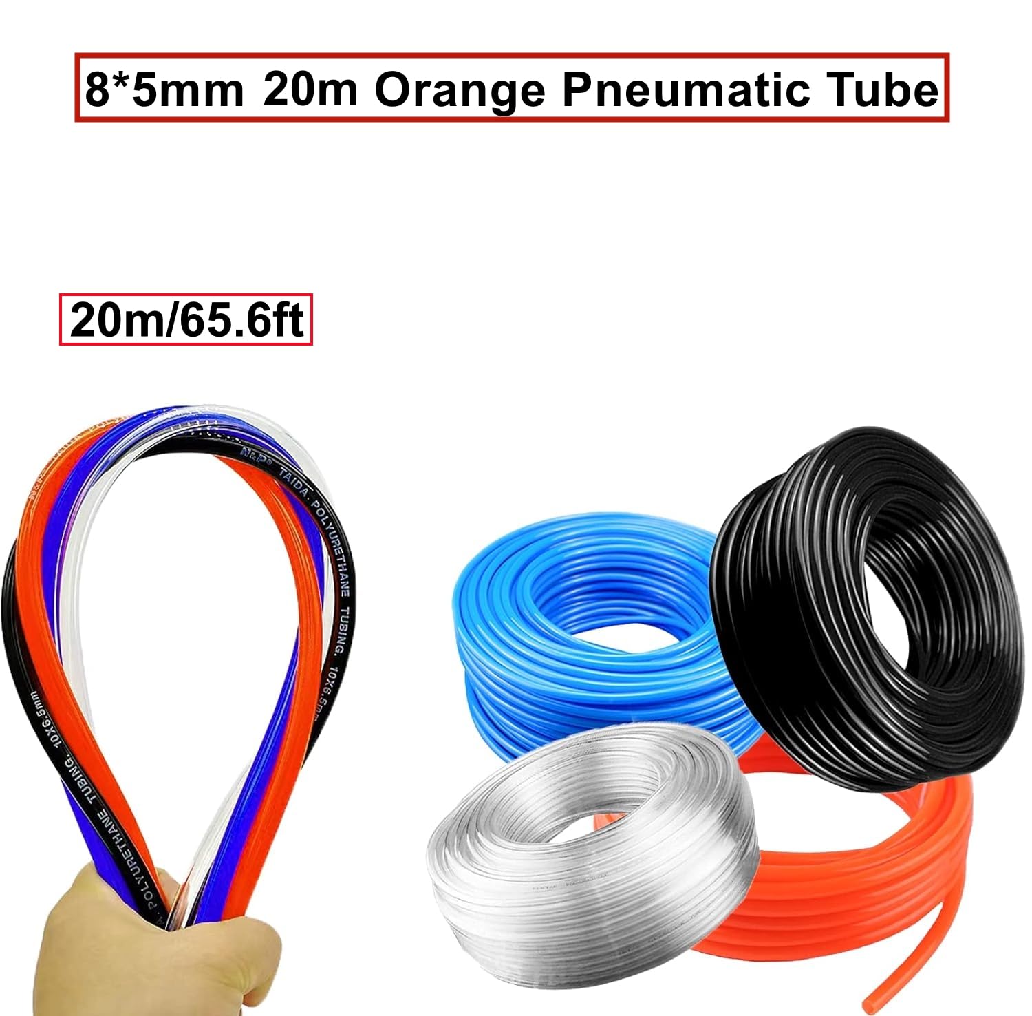 Tubo Flessibile Compressore Tubo Aria Compressa PU 20 Metri | 8x5mm Arancione | Kit Con Tagliatubi E Nastro Teflon Poliuretano Flessibile - 10