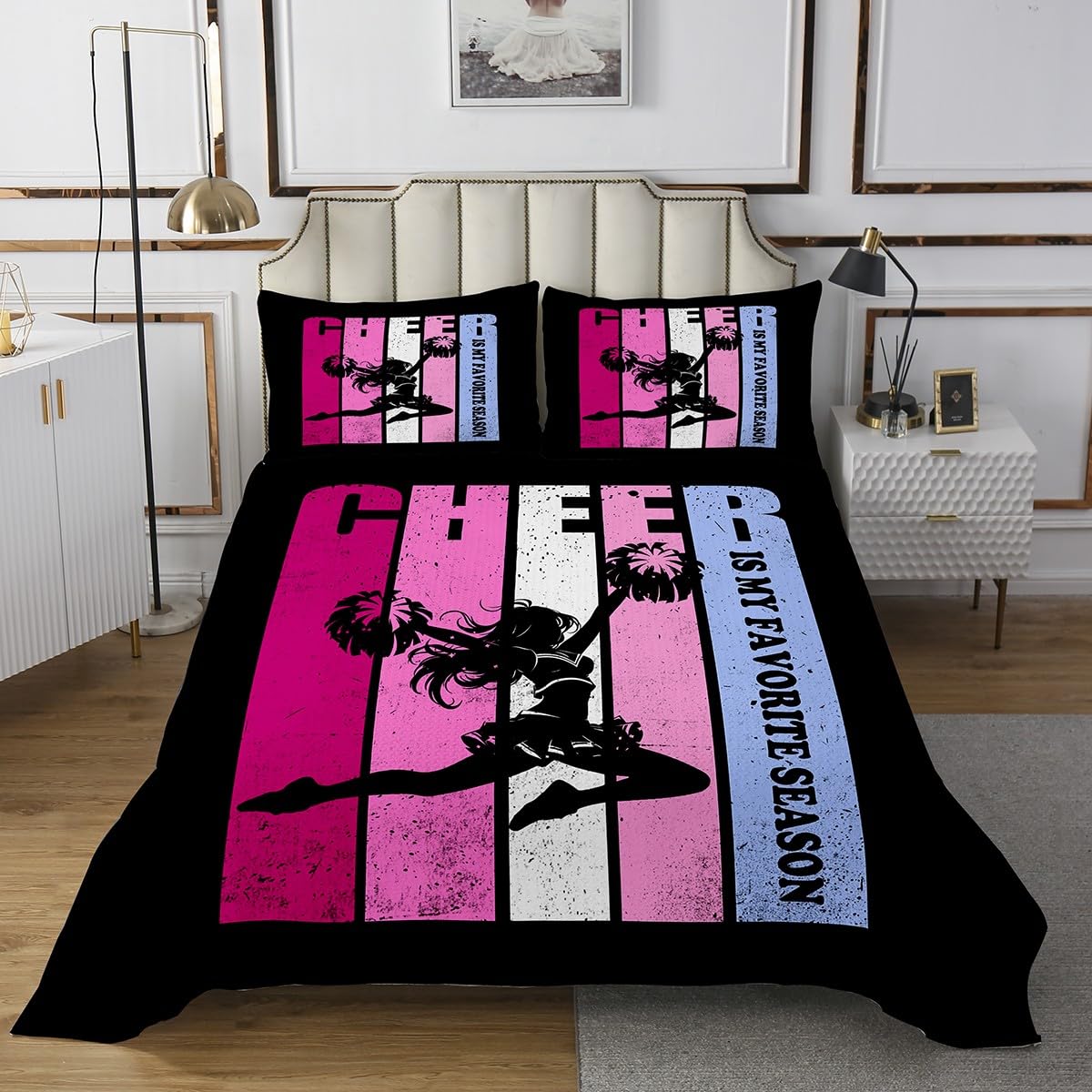 Cheer Bedspread Twin Size Bedding for Kids Teens Bedroom Cheerleader Lover Decor Coverlet Set Purple Pink Cheerleading Quilt Set for All Season,2 Pcs with 1 Pillowcase