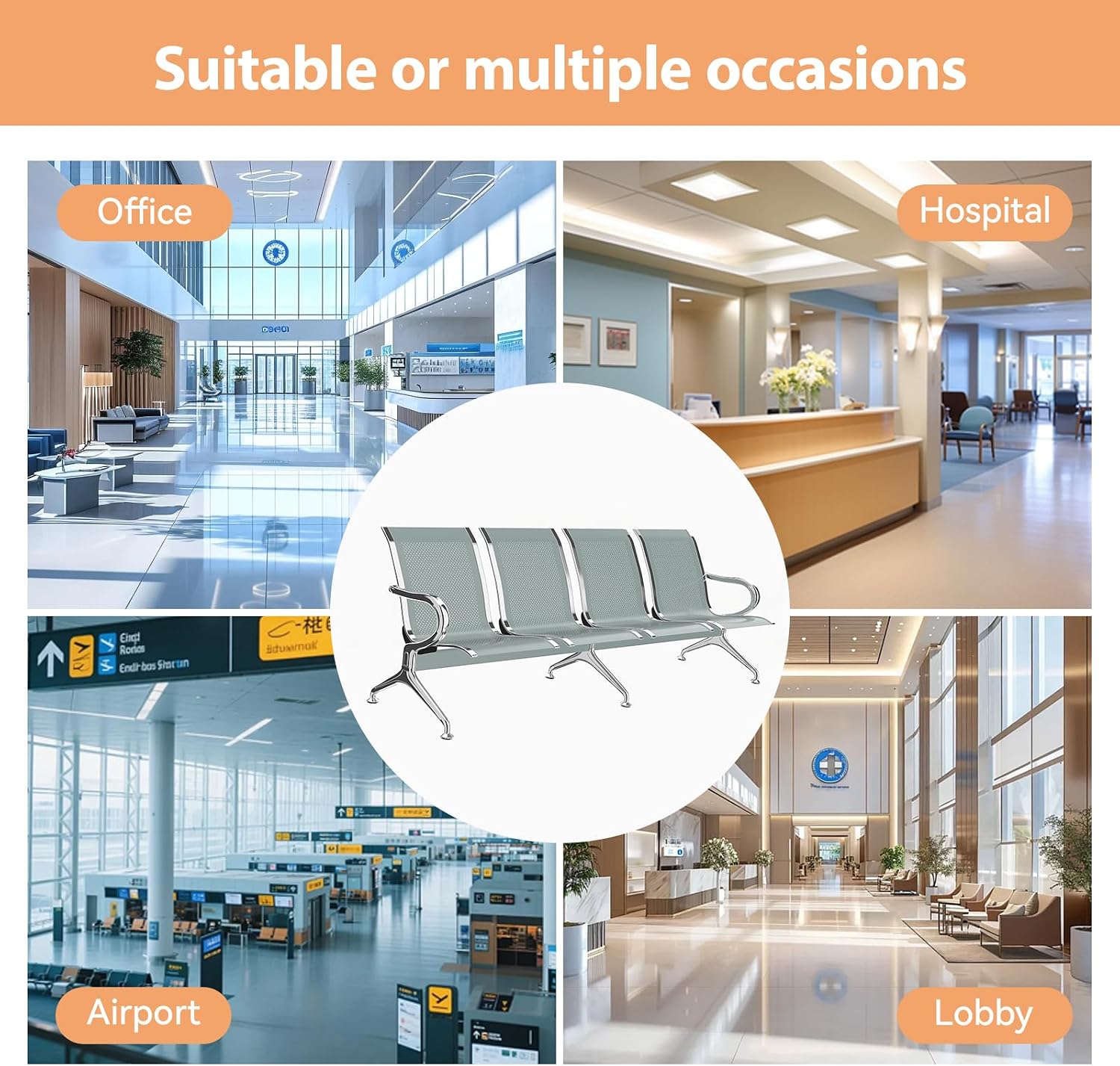 Kinfant Waiting Room Chairs - Whole 4-Seat Connect Reception Chairs Waiting Room Chairs with Arms & Stainless Steel Frame, Waiting Room Bench Lobby Chair for Office Airport Bank Hospital