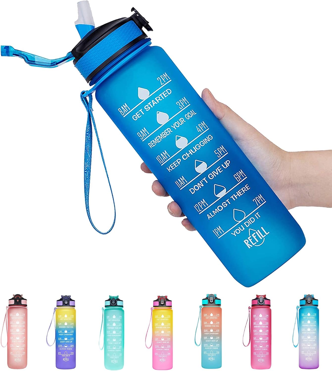 Venture Pal 22oz/32oz Motivational Water Bottle with Time Marker, Carry Strap and Silicone Straw - BPA Free, Leak Proof, Wide Mouth - Perfect for Fitness and Outdoor Sports