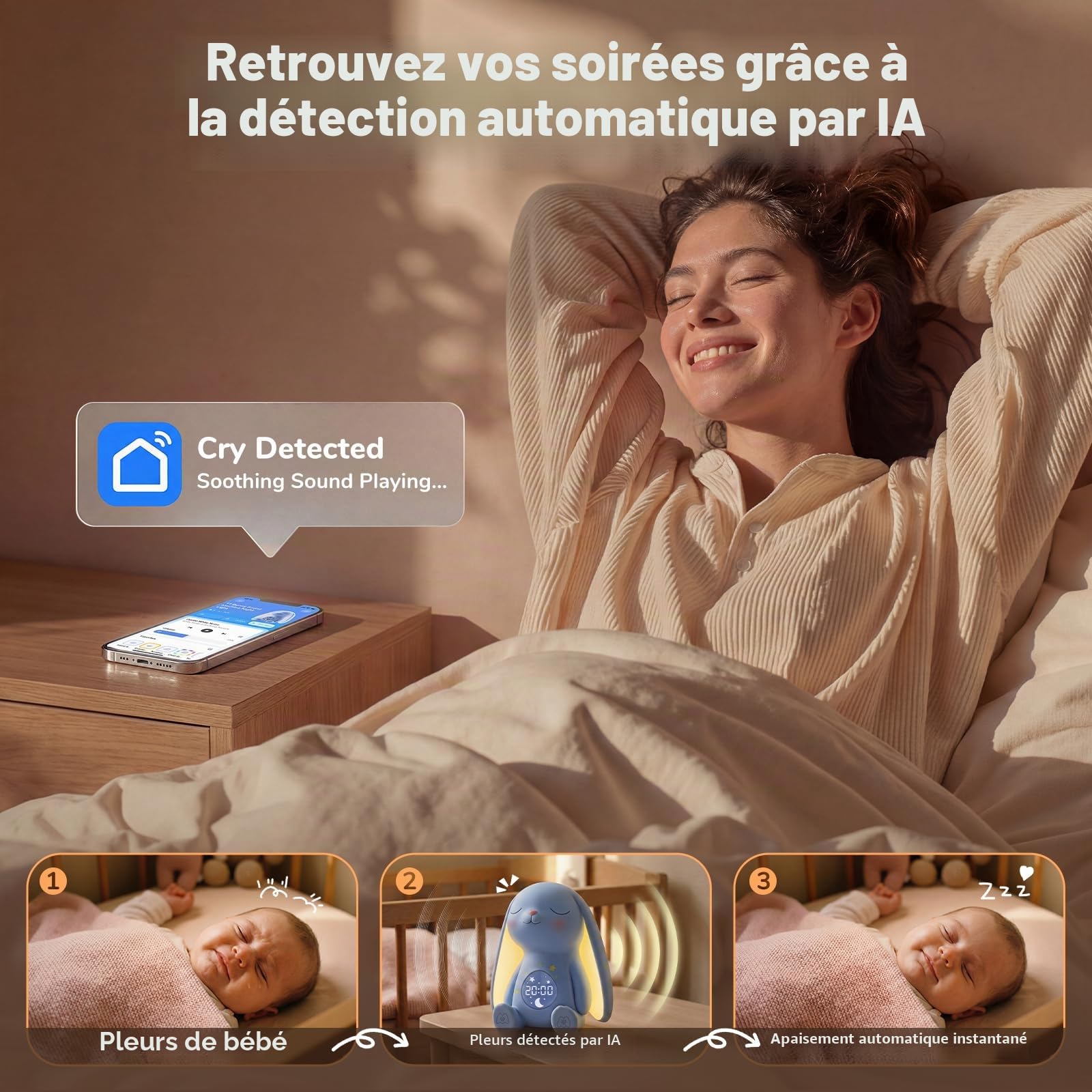 Mewaii Machine à Son pour Bébé avec Lumière Nuit, Détection des Pleurs, 100 Sons Relaxants, Contrôle App, Batterie Longue Durée