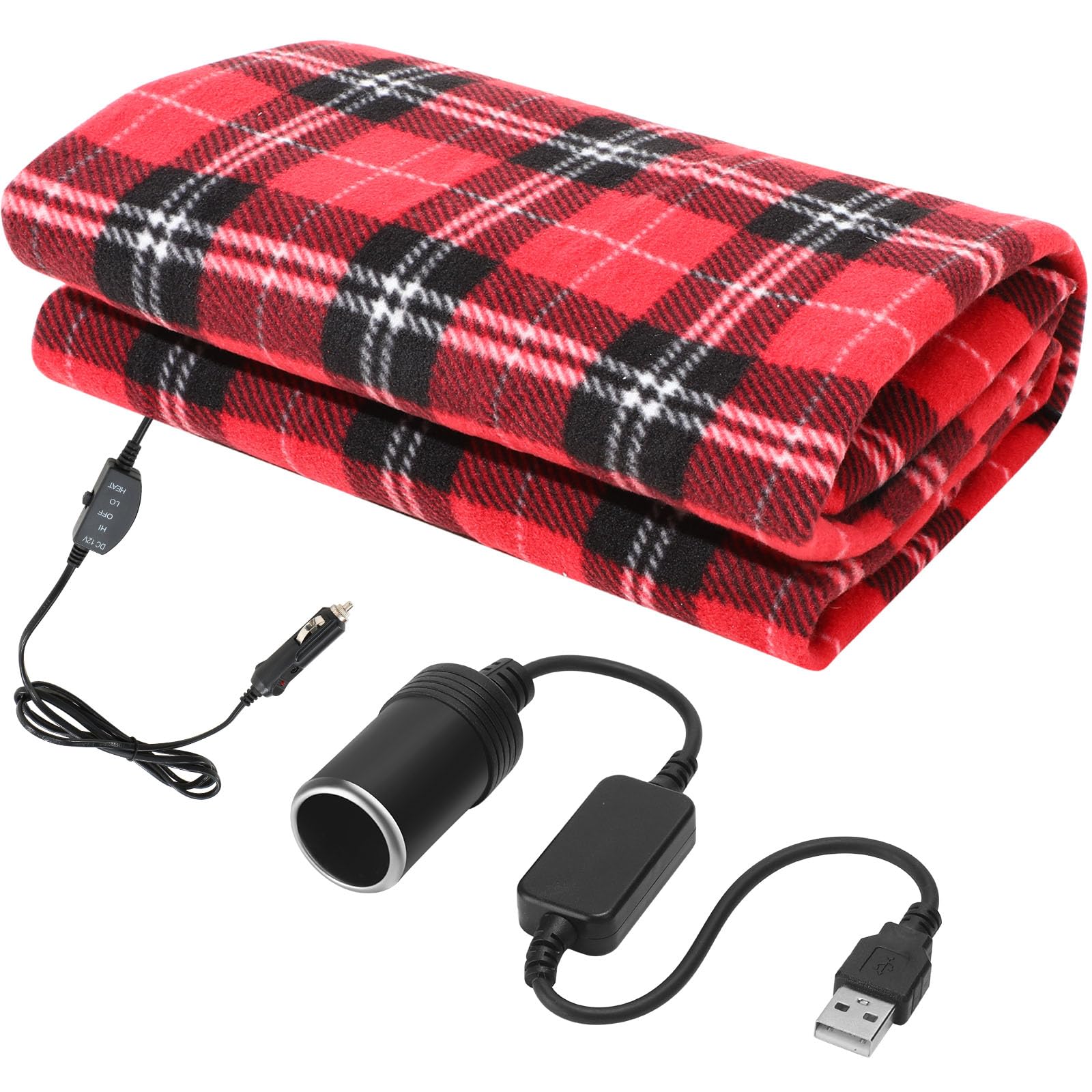 Tuanse Car Electric Blanket 12v Heated Blanket with Temperature Controller, USB Adapter, Car Outlet Adapter, Cold Weather Tailgating and Emergency Kit(Black Red,Plaid)