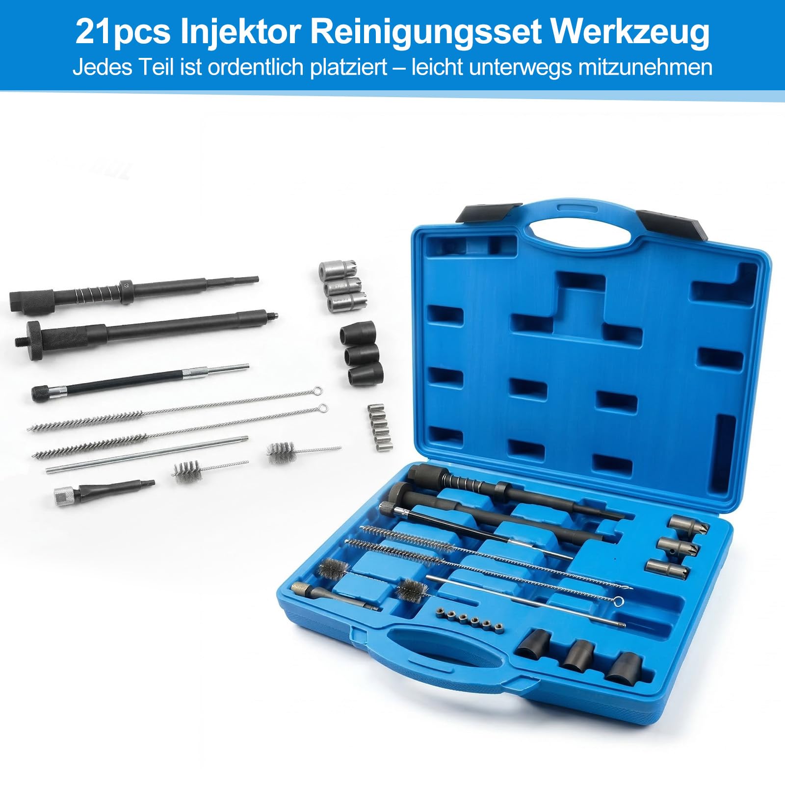 Set di 21 pezzi per la pulizia degli iniettori, set di frese con testine in metallo duro, spazzole e accessori, utensili per la pulizia degli iniettori, blu