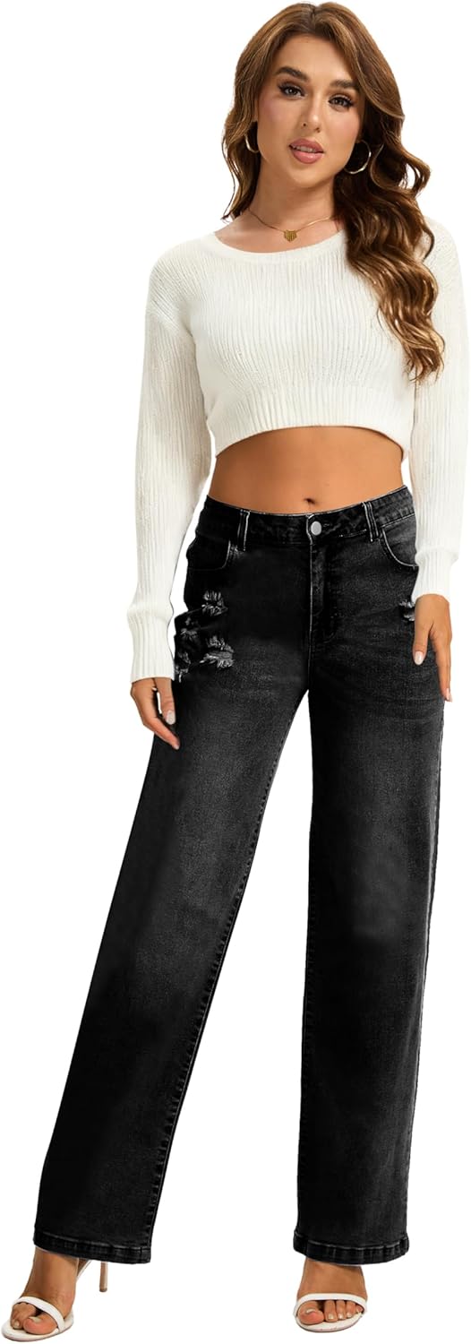 HVEPUO Mid/Low Waisted Ripped Jeans for Women Straight Leg Stretchy Jean Pants Baggy Distressed Fall Casual Denim Trousers - Image 5