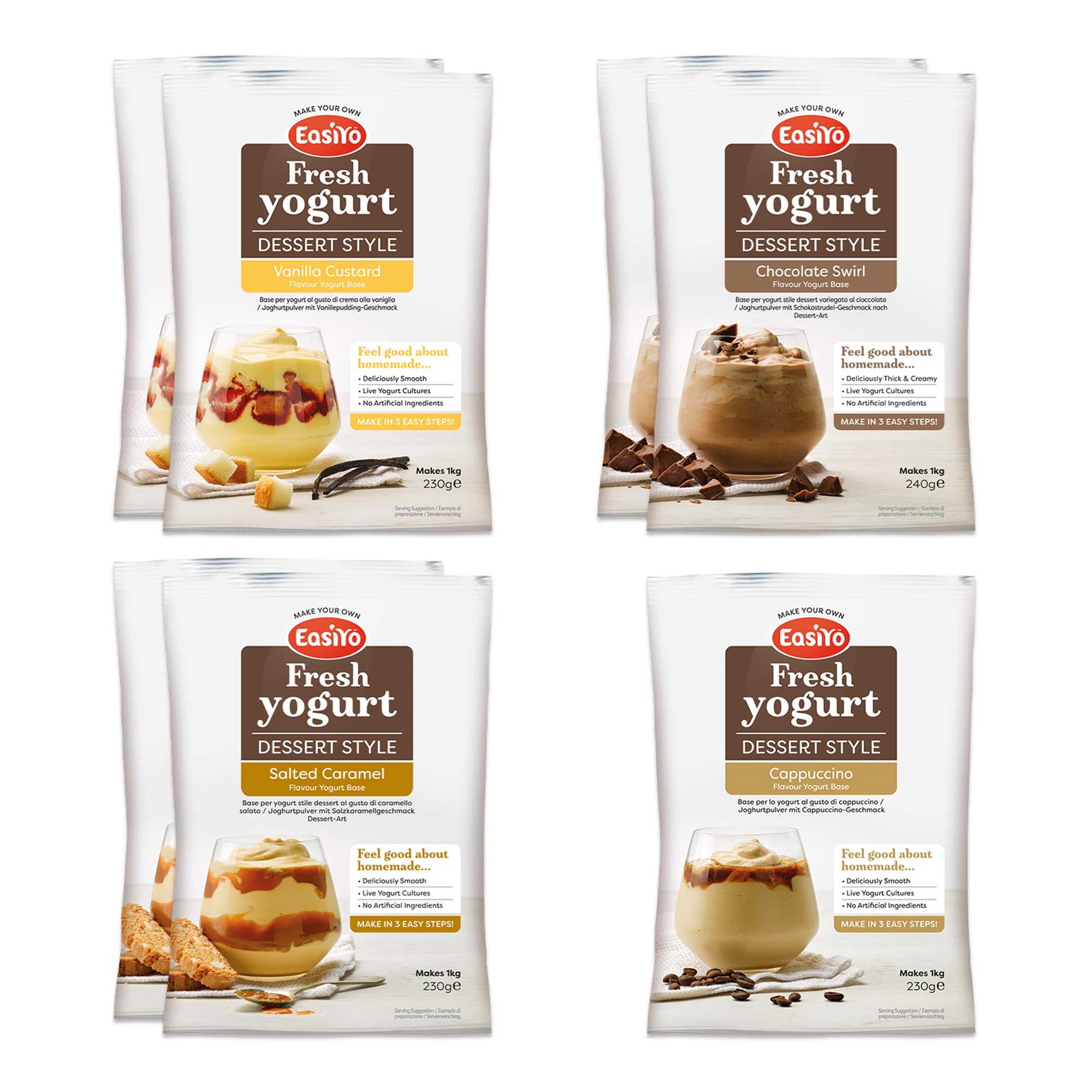 Yogurt 7 Sachet Pack | EasiYo Dessert Mixed Pack | 2 x Chocolate Swirl 2 x Salted Camarel 2 x Vanilla Custard 1 x Cappuccino | Each Sachet Makes 1kg of Yogurt