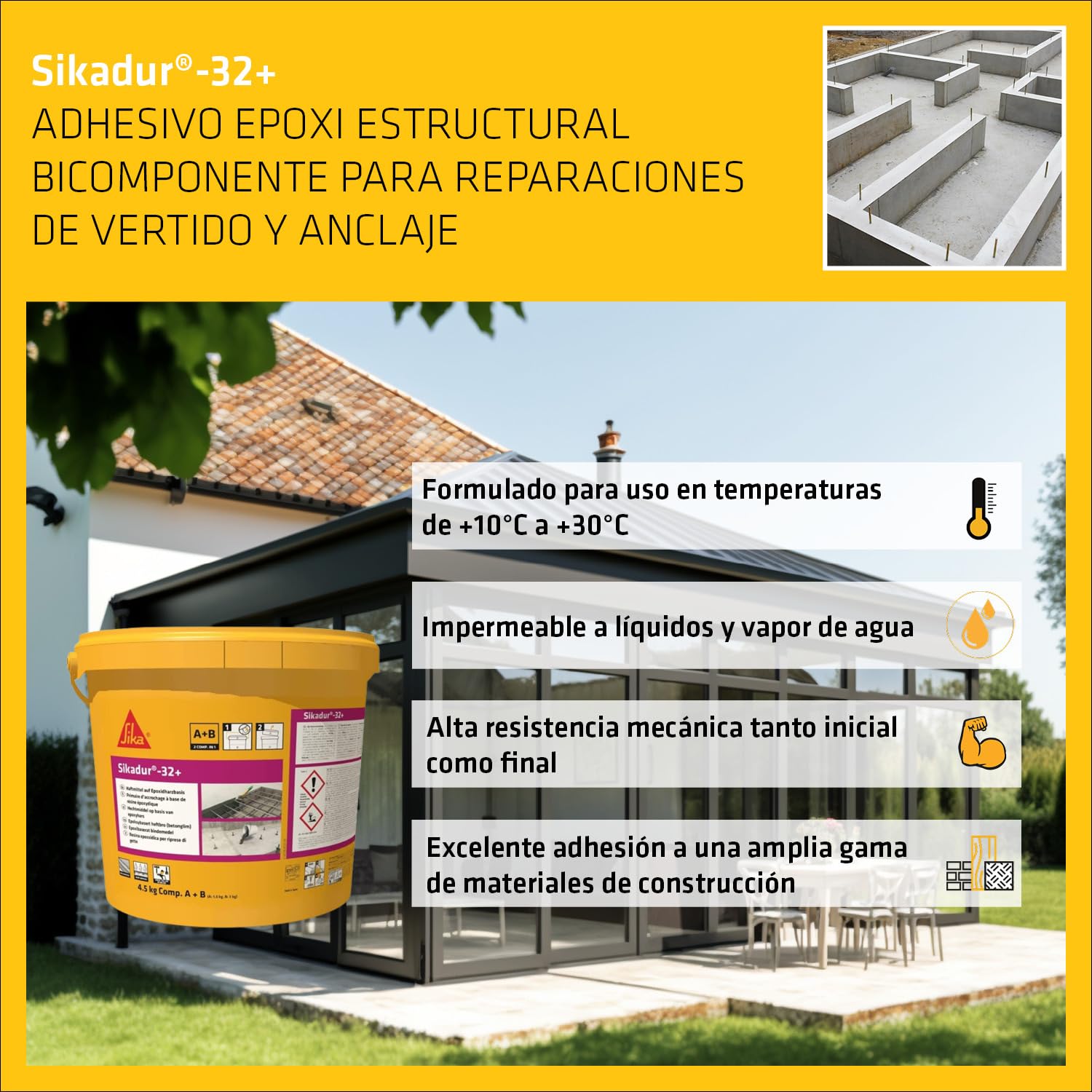 SIKA - Adhesivo Epoxi - Estructural y bicomponente - Sikadur-32+ gris - Construcción - Pegado, fijación y anclaje - Soportes secos o húmedos - 1 kg