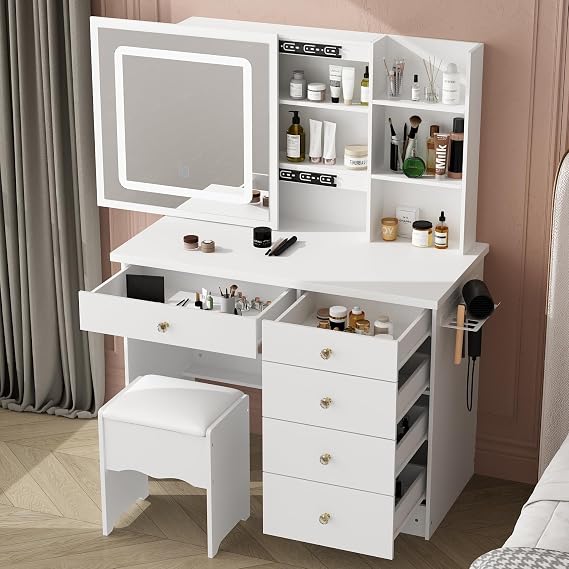 Vanity Desk with Mirror and Lights, Makeup Vanity with Power Strip & Sliding Mirror, Dressing Table with Lights in 3 Color Modes, Vanity Stool Set with 5 Drawers & Metal Side Rack, White