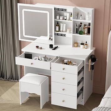 Vanity Desk with Mirror and Lights, Makeup Vanity with Power Strip & Sliding Mirror, Dressing Table with Lights in 3 Color Modes, Vanity Stool Set with 5 Drawers & Metal Side Rack, White