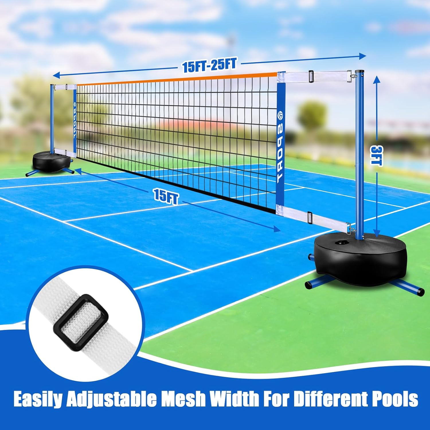 Pool Volleyball Net - Portable Indoor/Outdoor Swimming Pool Volleyball Net System with 2 Water Volleyballs and Heavy Duty Base.Adjustable Length 15-25FT for Pickleball and Tennis Net