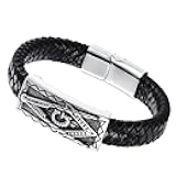 Mens Stainless Steel Masonic Freemason Leather Bracelet Cuff Bangle with Magnetic Clasp (Type 2) for Fathers Day