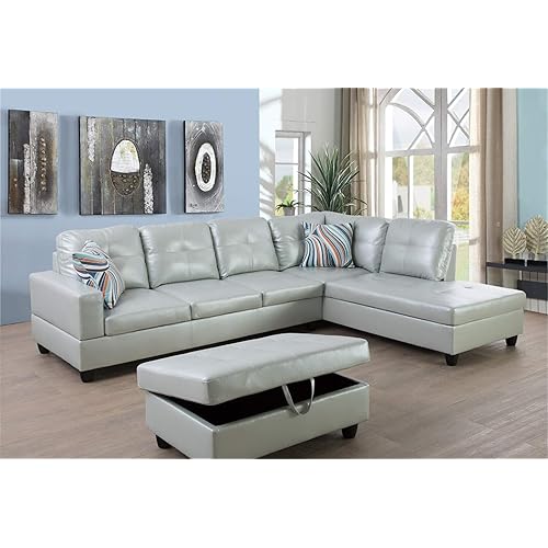 Ainehome Furniture Sectional Sofa Set, Living Room Sofa Set, Leather Sectional Sofa (Right Hand Facing,Silver Green)