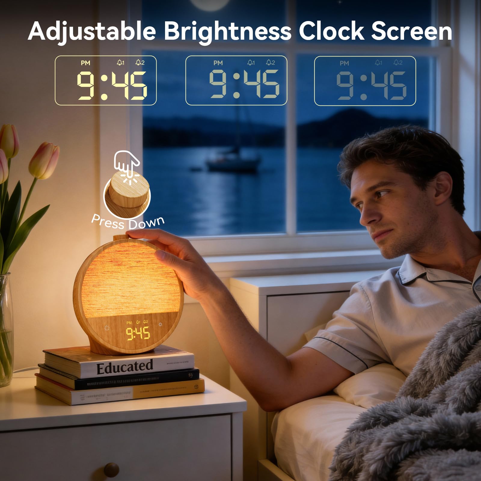 blonbar - Despertador con luz y simulación de amanecer, lámpara de cabecera con 10 sonidos naturales y 10 sonidos blancos, lámpara de mesa con luz ambiente RGB, despertador suave para dormitorio