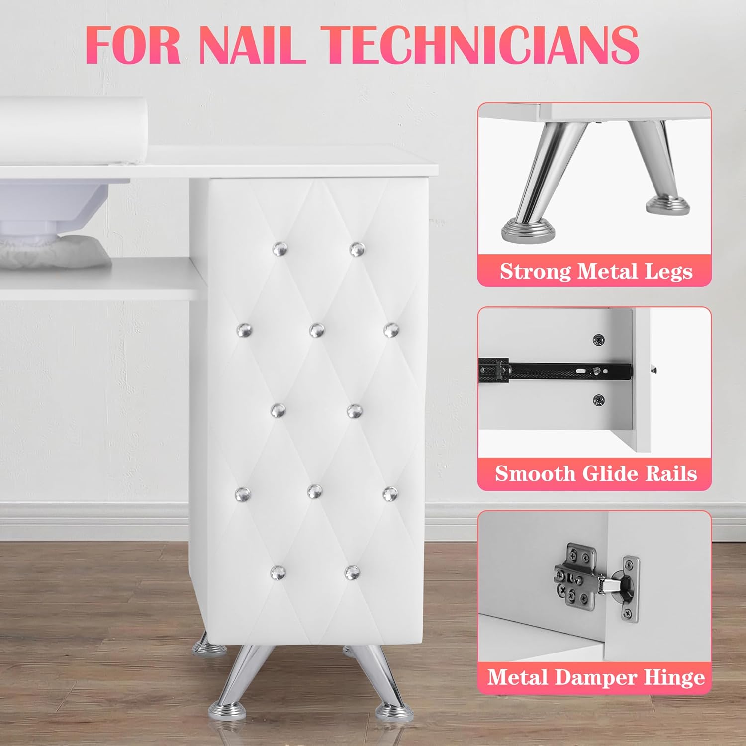 Manicure Table Nail Desk with Storage, Professional Nail Tech Desk,with Upholstered Leather Cabinets, Crystal Tufted Modern Nail Salon Desk Table for Beauty Studio