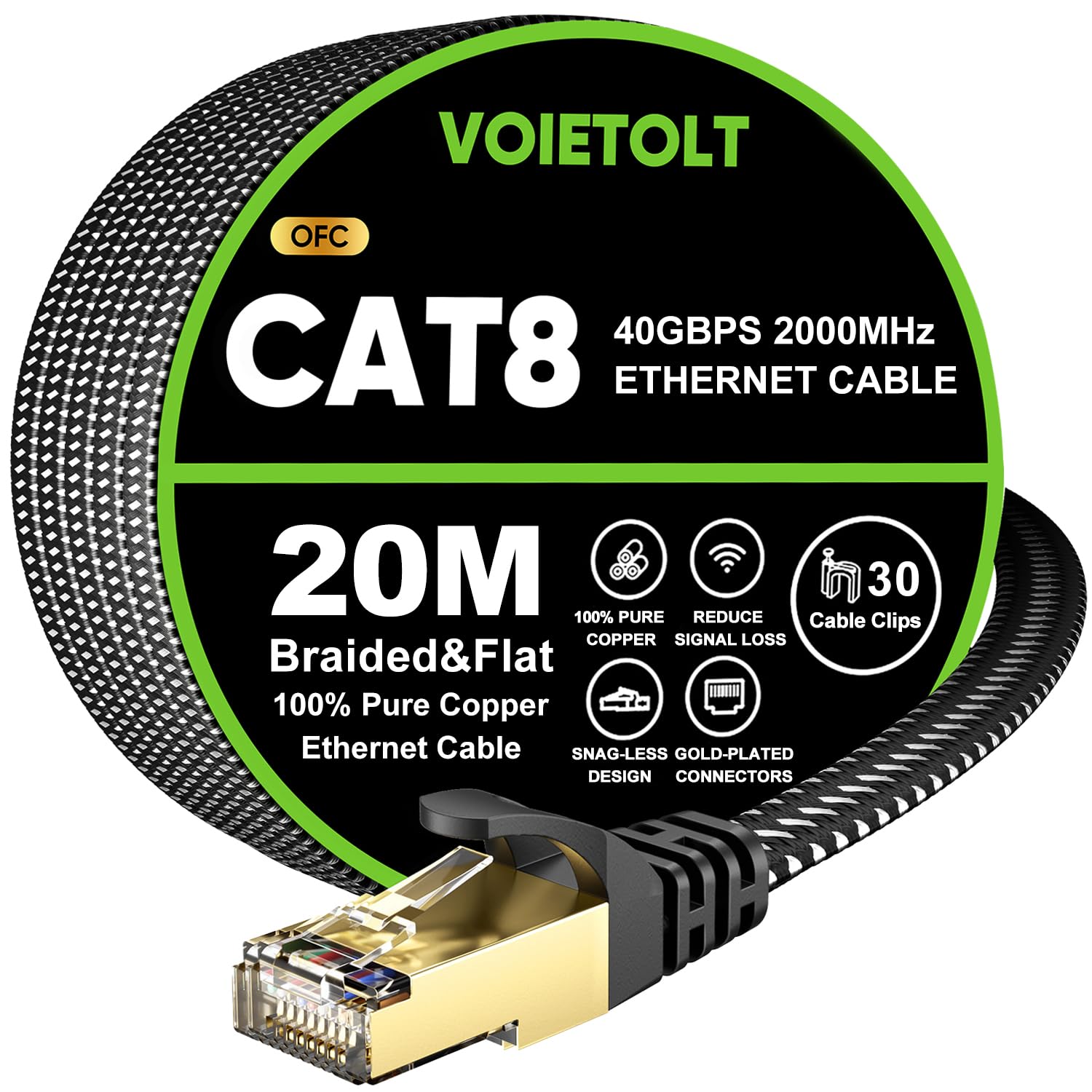 VOIETOLT Cat 8 Lan Kabel 20M, 40Gbps/2000Mhz Flaches Geflecht Netzwerkkabel Ethernet Kabel, S/FTP RJ45 Gigabit Patchkabel für PS4/5, für Modem, für Router