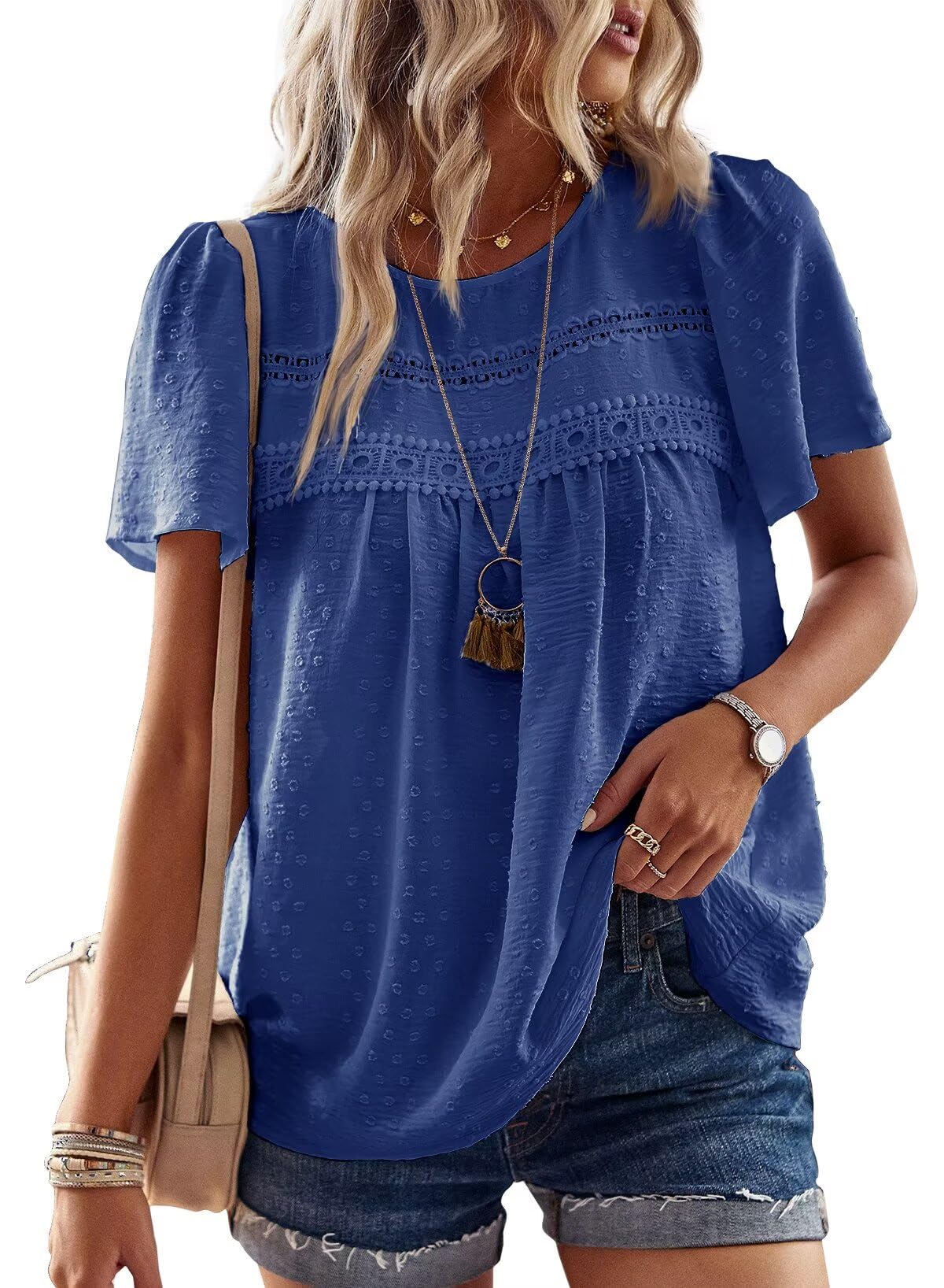 TUUHAW T-Shirt da Donna Pizzo Manica Corta Magliette con Scollo Estive Camicia Casual Abbigliamento Boho Top Maglie Tunica