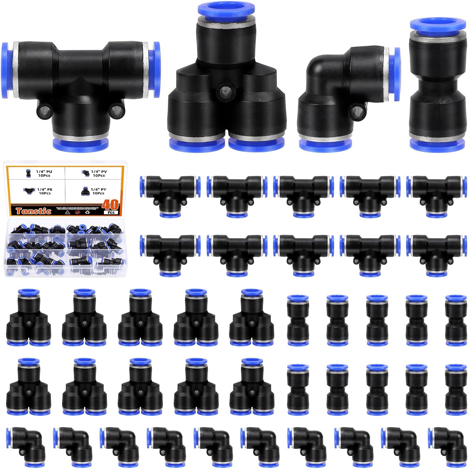 Tanstic 40Pcs Push to Connect Fittings Kit, Air Line Pneumatic Fittings, Quick Release Pneumatic Connectors (1/4 inch)