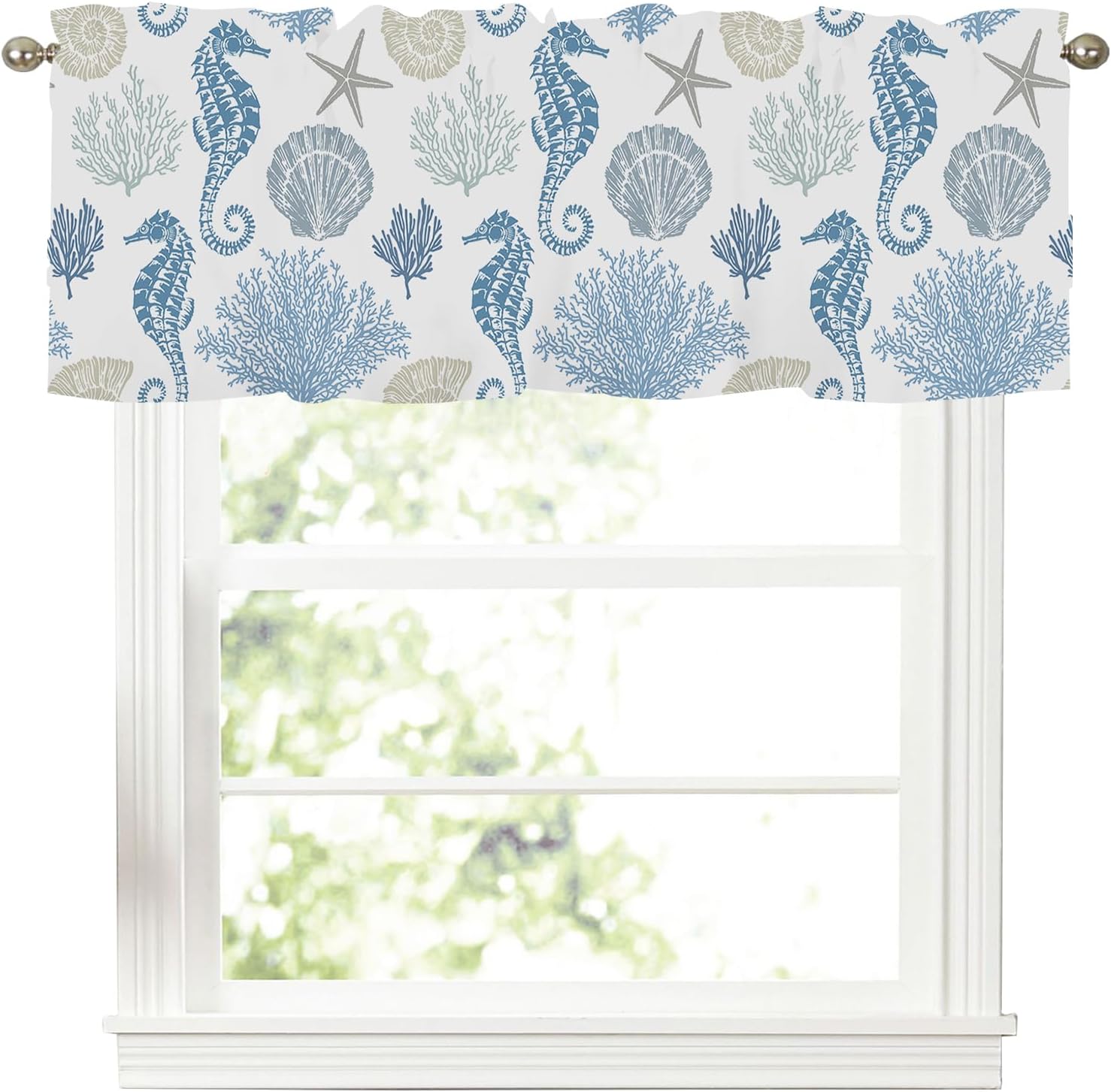 Spring Summer Coastal Starfish Coral Kithen Curtains