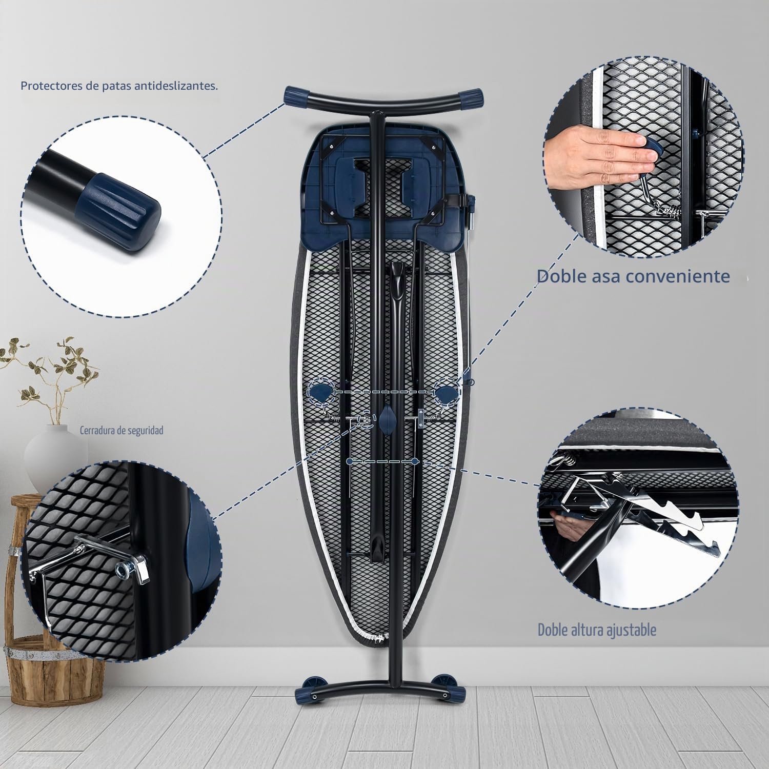 Duwee tabla de planchar extra grande y ancha, con ruedas, patas resistentes y plegables, almohadilla de fieltro 10 mm, negro, 135 x 46 cm