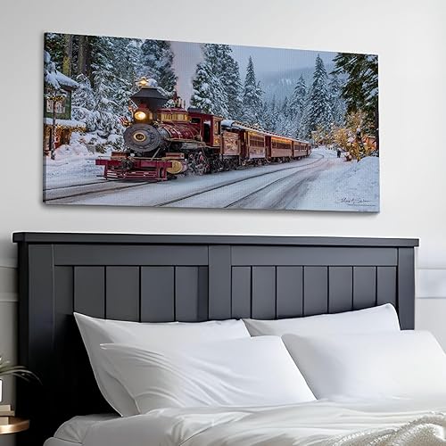 Miniatura 3 de 30"x 60" Canvas Wall Art Winter Train Snowy Forest Retro Christmas Snow Vintage Landscape Framed Pictures Painting Prints Large Wall Art for Living