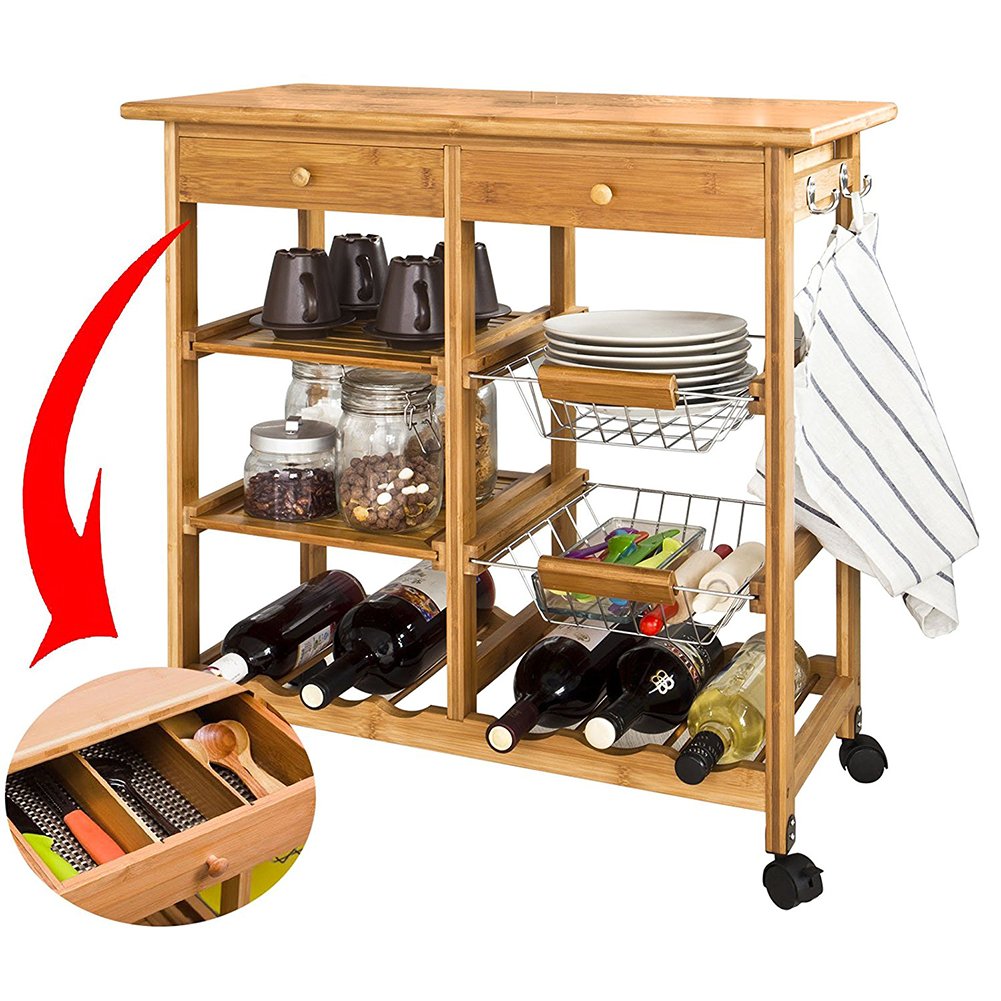 Bakaji - Carrito de Cocina de Madera de bambú con Estante para Tabla de Cortar y cajones, único