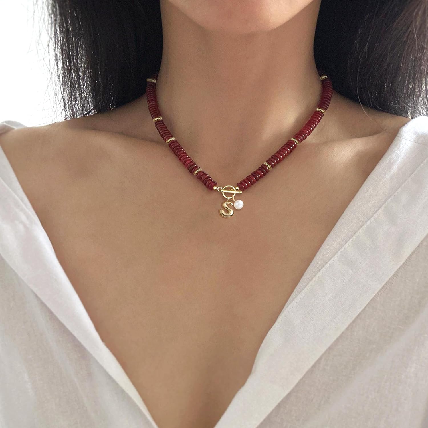 Btysun Initial Necklaces for Women, A Necklace Gold Red Agate Gemstone Necklace Stocking Stuffers for Women Teens Birthday Christmas Gifts for Her Summer Beach Jewelry - Image 3