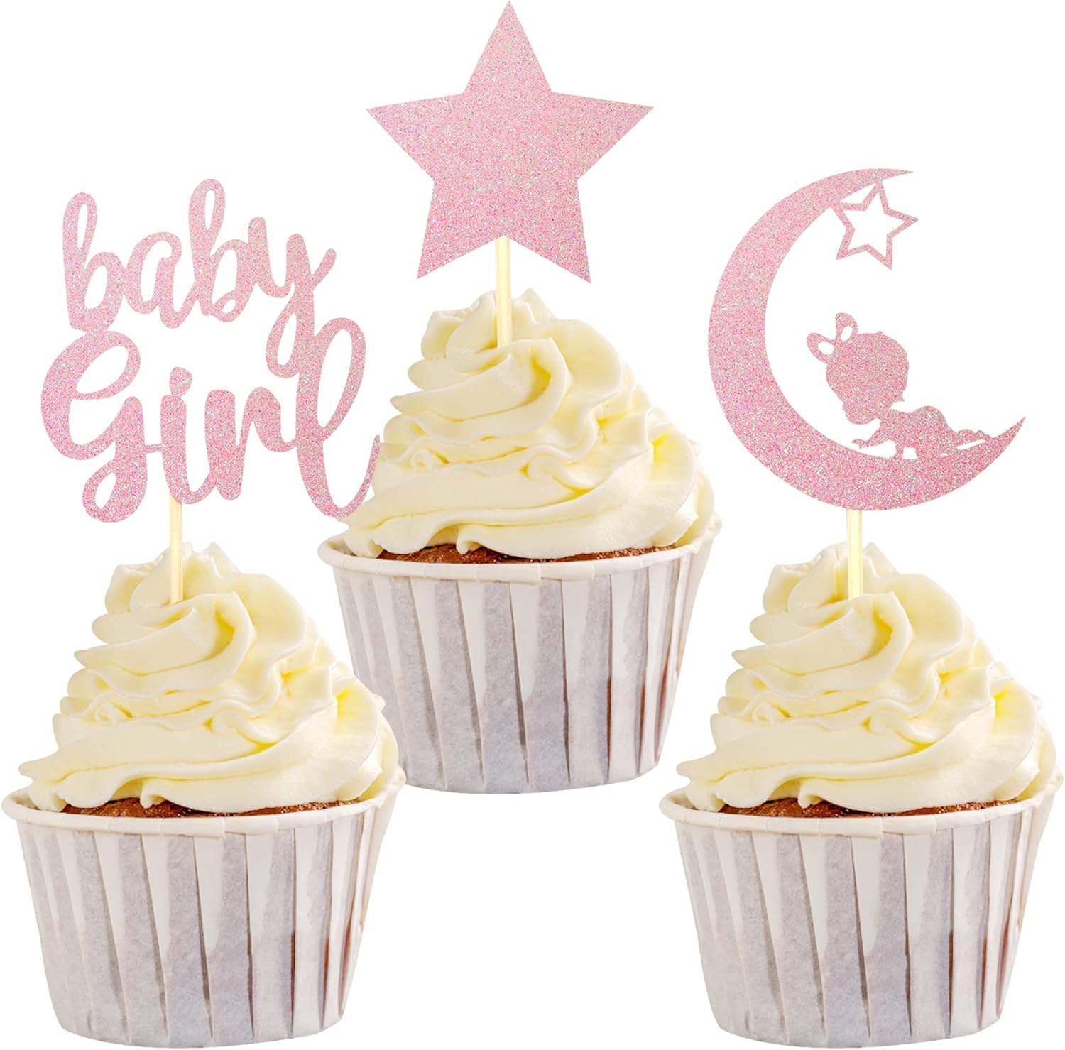 SYKYCTCY 24 Pack Pink Baby Girl Cupcake Toppers with Glitter Star Moon Baby Shower Cupcake Picks Baby Shower Girls Birthday Party Cake Decorations Supplies
