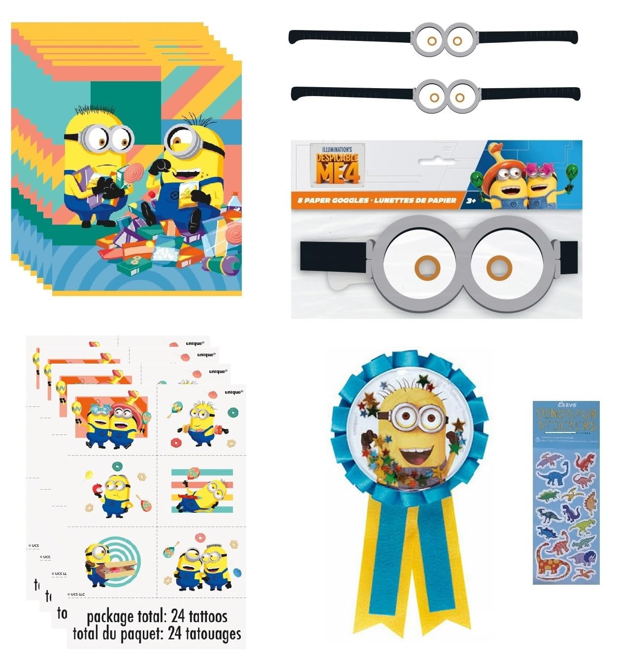 Unique Despicable Me Birthday Party Supplies Favor Bundle Pack includes 8 Loot Bags, 8 Party Paper Goggles, 24Tattoos, 1 Award Ribbon, 1 Dinosaur