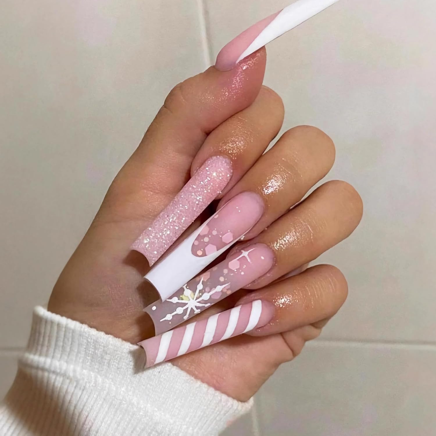 BABALAL Long Press on Nails Square Fake Nails - Nude Pink, White French Tip, Snowflake Design, New Year Winter Glitter Bling Shiny Acrylic, 24Pcs Matte Glue on False Nails