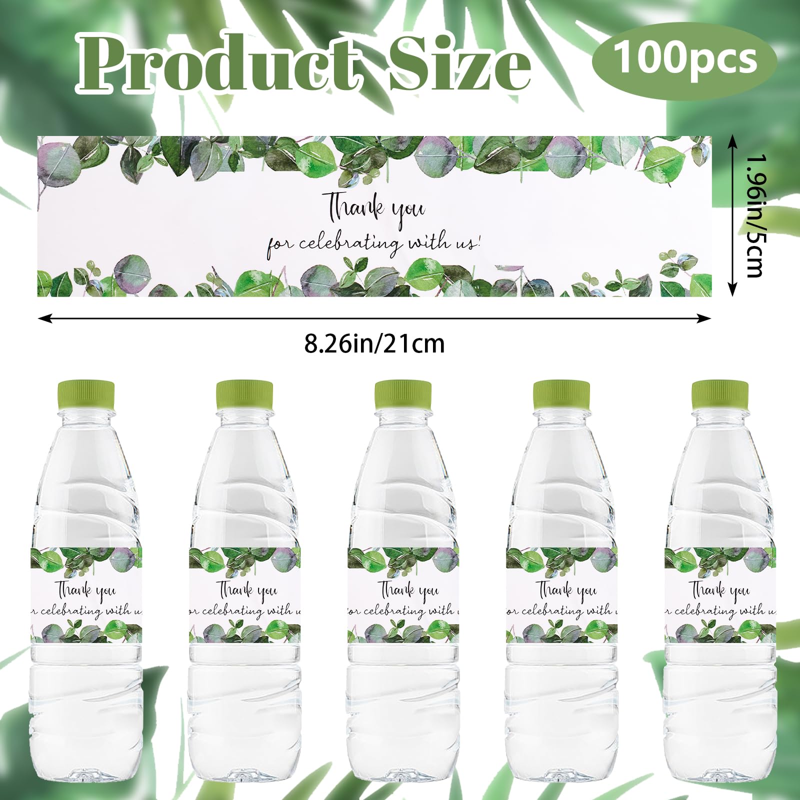 URROMA 100 Pcs Thank You Wedding Water Bottle Labels Stickers, Greenery Bridal Shower Bottle Wraps Engagement Party Favors Decorations Supplies