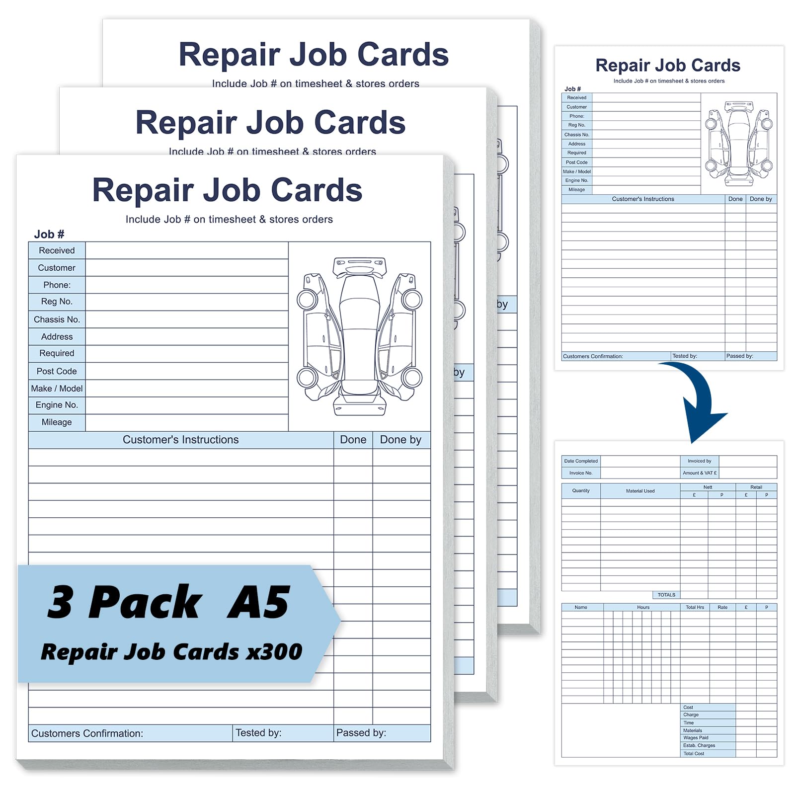 3 Pack Repair Job Cards x100 Garage Workshop Time Cards A5 Garage Repair Book Garage Job Sheets Pad Works Cards Two Sided with Car Image for Garages Car Service Centres