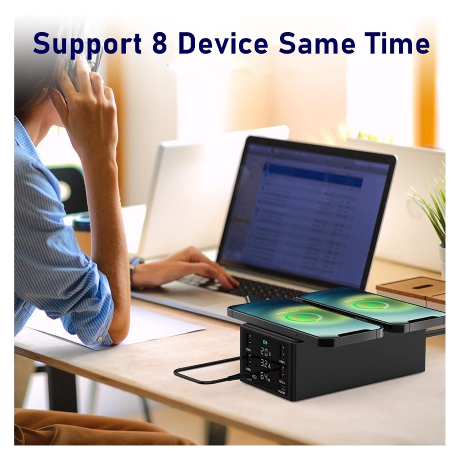150W Multi USB Bezprzewodowa ładowarka 4 Port USB Stacja ładująca Organizator QC 3.0 Szybka stacja dokująca do telefonu komórkowego, tabletu i innych Przenośna konstrukcja(Nero)