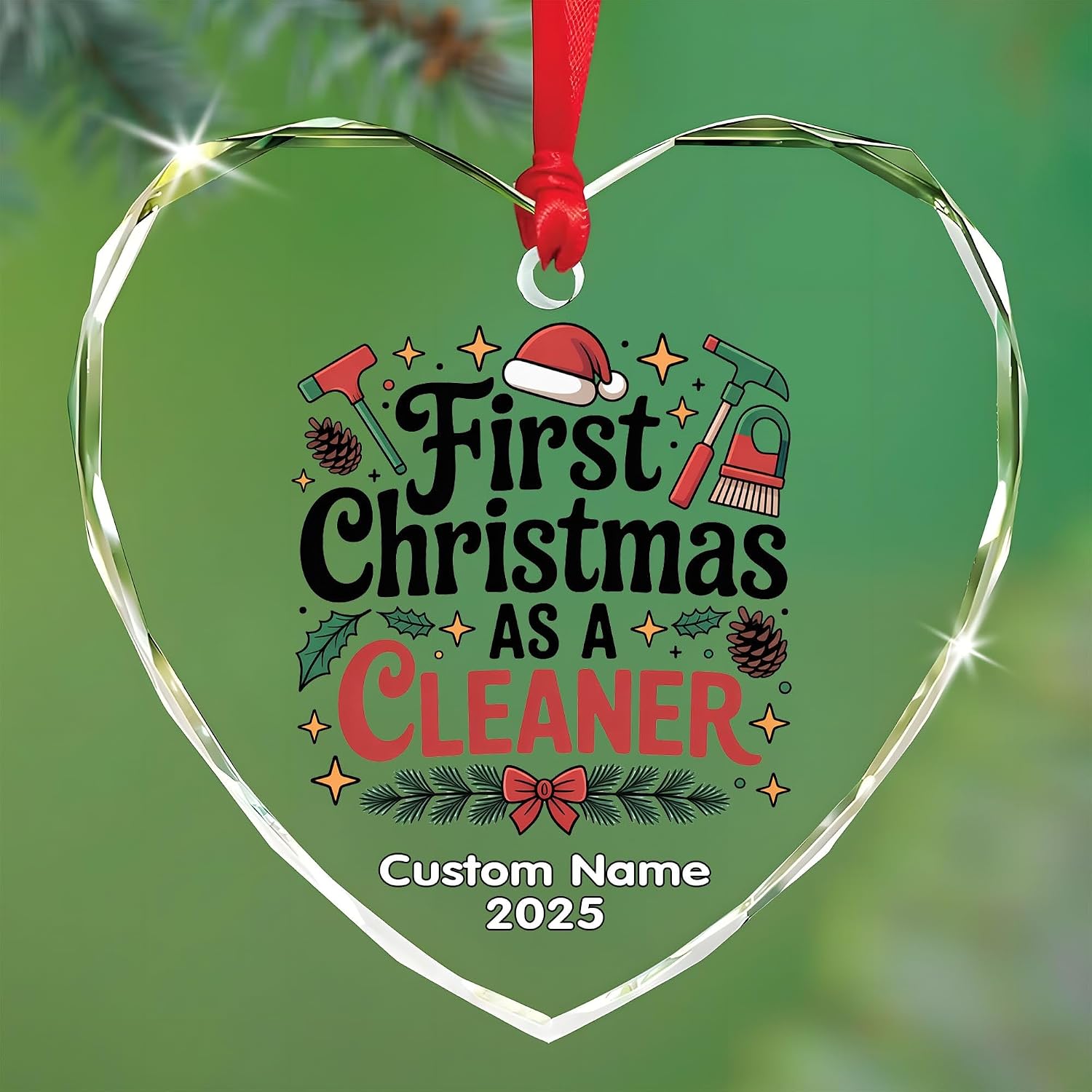 First Christmas As A Cleaner – Heart Glass Christmas Ornament 2025 – Personalized Xmas Gift with Custom Name & Year – Holiday Tree Decoration for Family & Friends, Christmas Décor BZ6gi5
