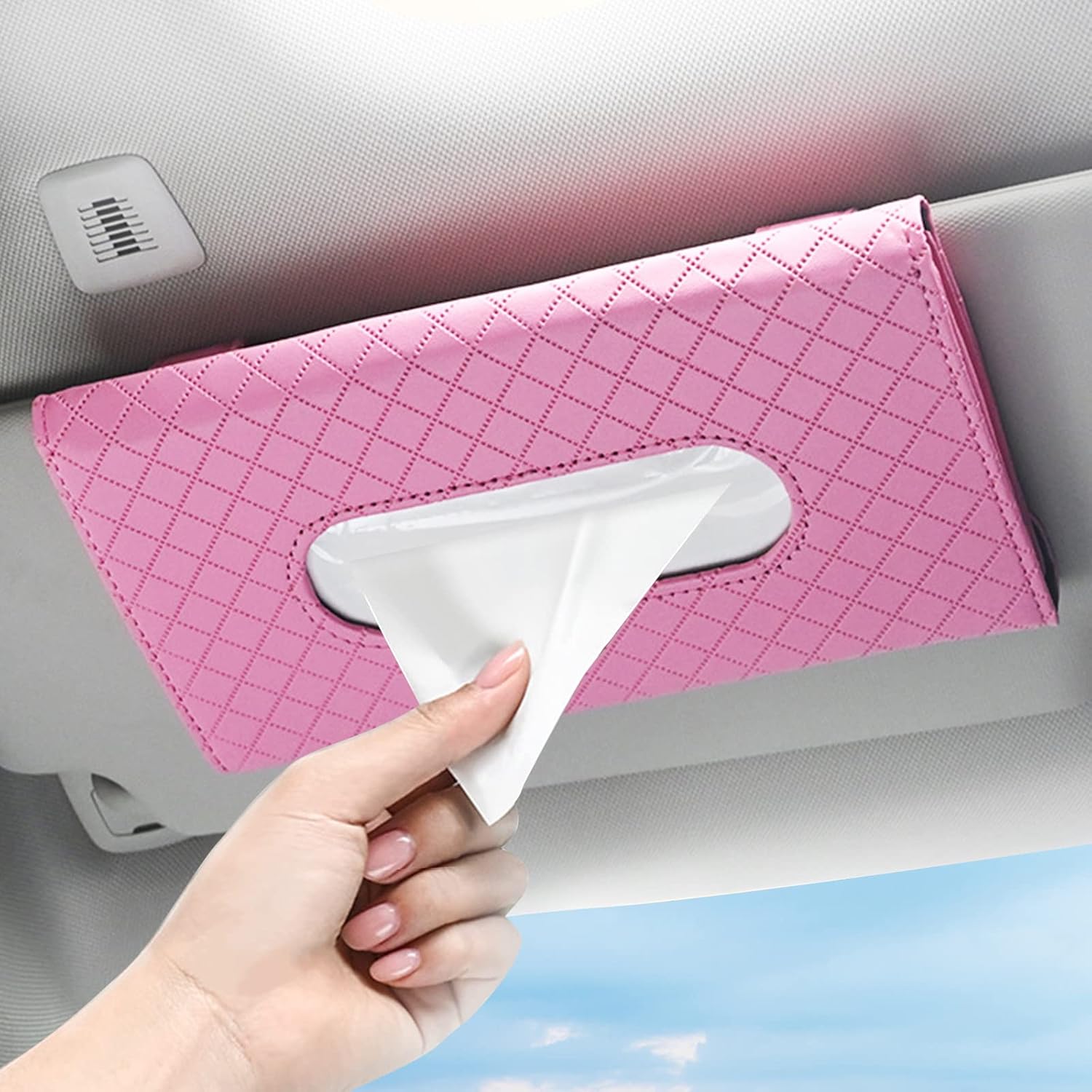 Car Tissue Holder, Tissue Holder for car, Tissue Mask Holder for Car, Gift Ideas Pink PU Leather Car Sun Visor Tissue Paper Storage Box Holder Cases, Hanging Tissue Clip