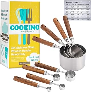 Measuring Cups and Spoons Set with Wooden Handle, 8 Pieces Stainless Steel Measuring Spoon and Cup with US Measurements for Baking and Cooking Sliver