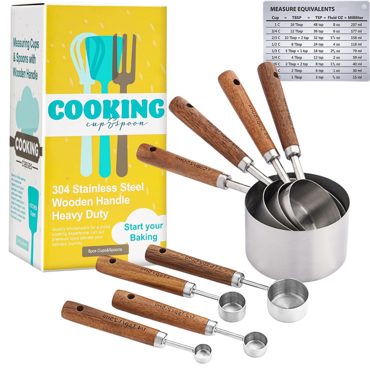Messbecher und Löffel Set mit Holzgriff, 8 Stück Edelstahl Messlöffel und Becher mit US-Messungen zum Backen und Kochen Silber